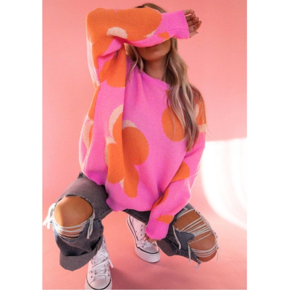 Pink and Orange Large Flower Pattern Slouchy Oversized Sweater - Picture 2 of 9